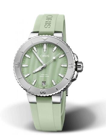 Oris Aquis Date 36.5 Stainless Steel Seafoam Green Rubber Replica Watch 01 733 7770 4157-07 4 18 67FC